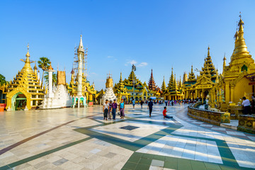 Shwedagon pagoda at sunset. This place is popular destination landmark in Yangon, Myanmar