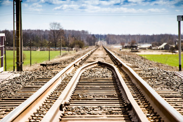 Obraz premium Railway track Railway rails. Arrow and denouement.