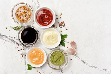 Bright set of different sauces for tasty and spicy food