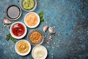 Bright set of different sauces for tasty and spicy food