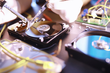 Computer equipment. Repair of PC components. Hard drive for restoration in the workshop. Winchester...