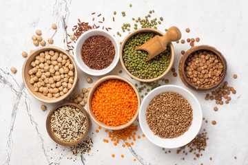Bright set of different legumes and cereals for healthy nutrition