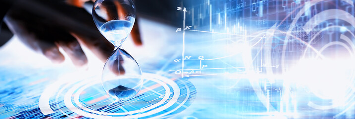 Business concept. Information technology and data processing. Hands over the screen with graphic data. A modern software product in business.