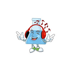 Cartoon mascot design blue chemical bottle enjoying music with headset