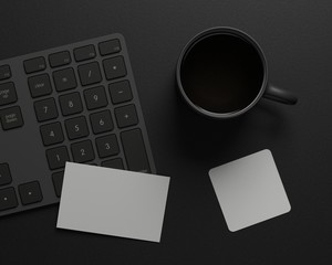 3D rendering of mock-up square and rectangular business cards against a dark computer keyboard, coffee cups and all this against a black paper background