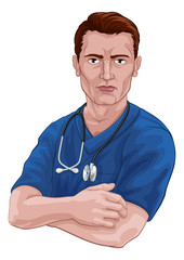 A nurse or doctor in surgical or hospital scrubs uniform with a stethoscope around his neck