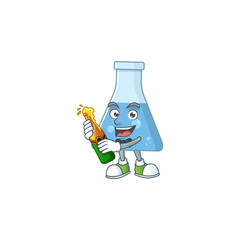 Mascot cartoon design of blue chemical bottle making toast with a bottle of beer