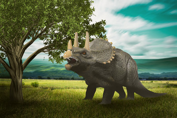 dinosaurs  - Triceratops dinosaurs toy on digital imaging like a real. with the dramatic scene. - obrazy, fototapety, plakaty
