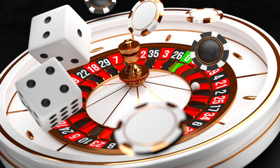 Casino background. Luxury Casino roulette wheel on black background. Online casino theme. Close-up...