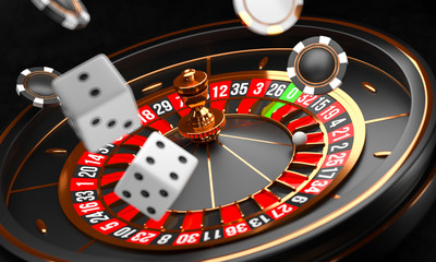 Casino background. Luxury Casino roulette wheel on black background. Online casino theme. Close-up white casino roulette with a ball, chips and dice. Poker game table. 3d rendering illustration.