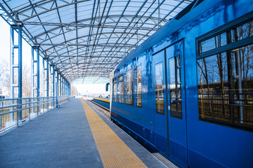 Obraz premium Express train from Kyiv to the airport Boryspil. Inscription on board - UZ, Ukrainian railway. Kyiv, Ukraine. 02.04.2020