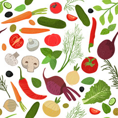 Seamless pattern with elements for cooking. Vegetables whole and in pieces and herbs. Hand drawn elements with textures. Vector illustration.