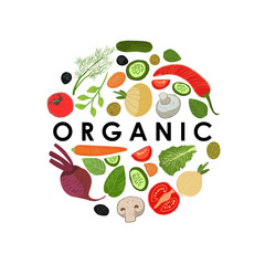Set of vegetables in a circle with the text organic in the middle. A set of elements for cooking. Concept of buying healthy food and cooking. Vector
