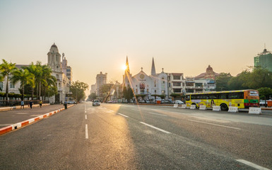 Facade of AYA Bank building at night in Yangon, Myanmar. AYA Bank is a private bank in Myanmar.