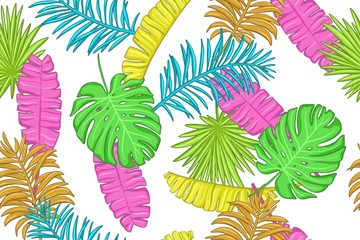 Fototapeta na wymiar Seamless pattern with colorful exotic leaves. Tropical paradise endless background.