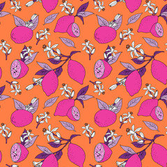 Vector seamless pattern with the image of pink lemons, lilac leaves and white flowers on an orange background. Design for decorating a menu, recipe, card, invitation, poster, clothes, fabric, dishes