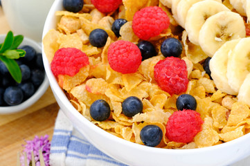 cereal in a white bowl on background. Healthy breakfast concept.