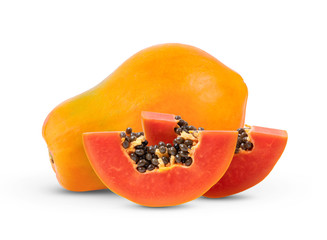 ripe papaya fruit with seeds isolated on white background