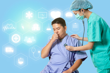 Medical Staff wearing face mask, virus protection with innovative of futuristic medical graphic info, safe from virus outbreak for medical, wellness, healthy and technology  concept