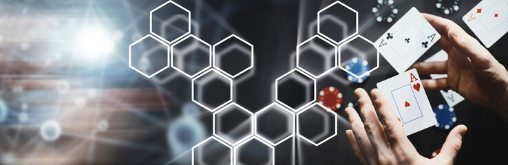 The concept of card tricks and presentations. The concept of a cheater in games. Flying cards in the air. A magician raises cards with the power of thought.