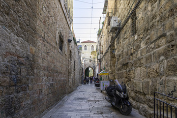 Derech Shaar HaArayot street inside the old city of Jerusalem leading from the Lion Gate in Israel