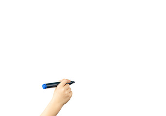 hand with black marker write on white background.