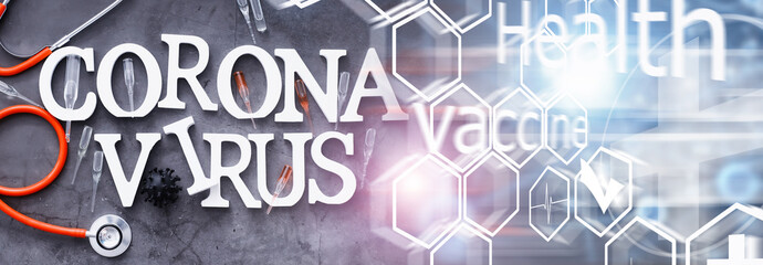 Double exposure. Medical background. Coronavirus wooden letters. Background of the deadliest pandemic virus in the world. Vaccine for the virus.