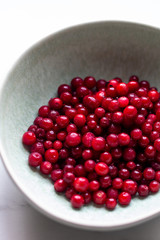 lingonberry berries in white bowl on marble table