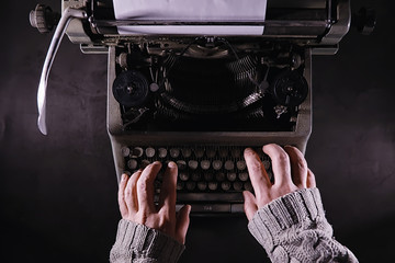 Vintage journalist tool. Typewriter retro. The writer is at work. Seal of the novel. Journalist writer concept.