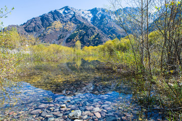 clear water with mountans reflection in Issyk lake in Kazakhstan