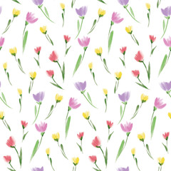 Floral seamless background pattern. Tulips flowers hand drawn, vector. Spring summer. Fabric swatch, textile design, wrapping