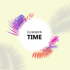 Fototapeta na wymiar Summer time banner on pastel background. Circle with text surrounded with jungle tree leaves vector illustration.