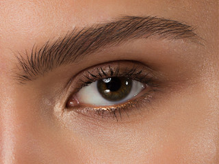 Fototapeta na wymiar Close-up of woman's eyes with evening make-up. Fashionable shades of eye shadow, extremely long eyelashes and thick smooth eyebrows. Open beautiful look. Clean skin