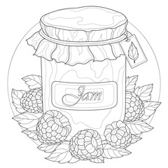 Jar with raspberry and mint jam.Tasty dessert.Coloring book antistress for children and adults. Outline style. Black and white drawing