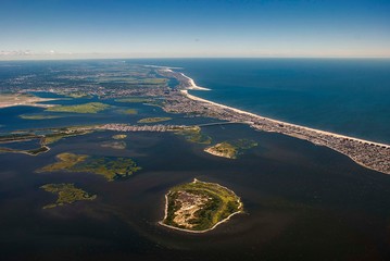 The Rockaway peninsula in Queens, New York from the air separating Jamaica Bay from the Atlantic...