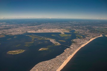 The Rockaway peninsula in Queens, New York from the air separating Jamaica Bay from the Atlantic...