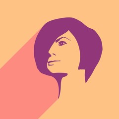 Face half turn view. Elegant silhouette of a female head. Web icon with long shadow
