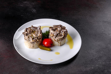 Delicious beef stroganoff with soft mashed potatoes