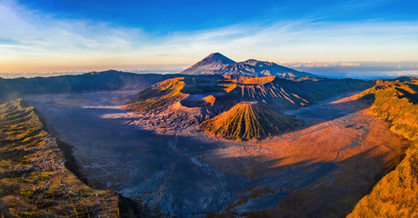 Fototapeta premium Aerial view of Mount Bromo, is an active volcano and part of the Tengger massif, in East Java, Indonesia. Famous travel destination backpacker in south east asia