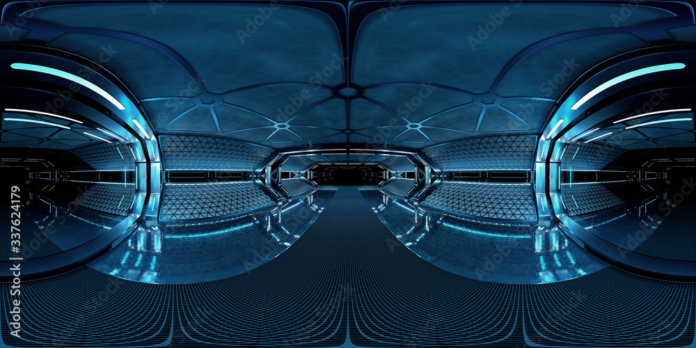 Aufkleber High resolution HDRI panoramic view of dark spaceship interior. 360 panorama reflection mapping of a futuristic spacecraft room 3D rendering