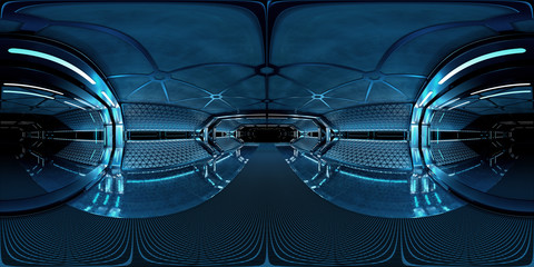 High resolution HDRI panoramic view of dark spaceship interior. 360 panorama reflection mapping of a futuristic spacecraft room 3D rendering - obrazy, fototapety, plakaty