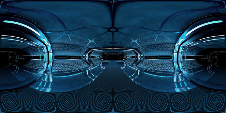 High resolution HDRI panoramic view of dark spaceship interior. 360 panorama reflection mapping of a futuristic spacecraft room 3D rendering