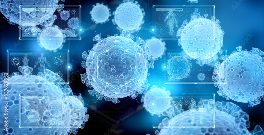 Poster Wireframe hologram microscopic close-up of the covid-19 disease. Coronavirus illness spreading in body cell. 3D renderinganalysis on microscope level 3D rendering