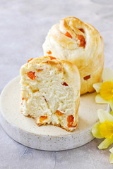  Easter cake Cuffin with dried apricots on white plate