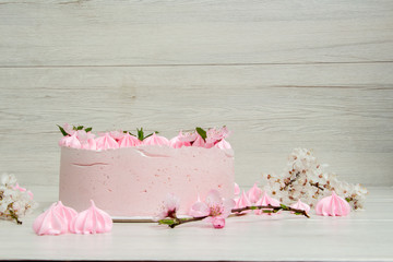 Pink marshmallow cake on a light background with a painted machine