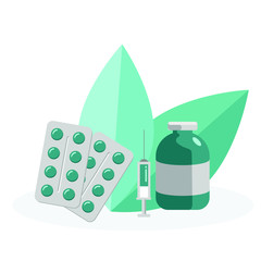 Medicine set. Pharmacy web banner. Drug bottle, pills, syringe for injections. Pharmacy and healthcare. Disease treatment with tablet. Vaccine and vaccination. 