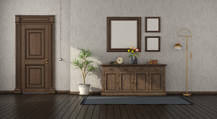 Fototapeta na wymiar Retro home entance with wooden sideboard and closed door