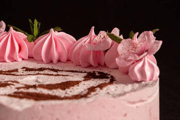 Pink marshmallow cake on a black background with a painted machine
