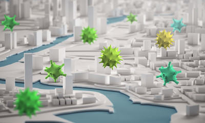 Corona Virus Spreading Across City Concept. 3D Rendering Aerial View Miniature City Buildings