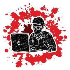 Man works on his laptop cartoon graphic vector.